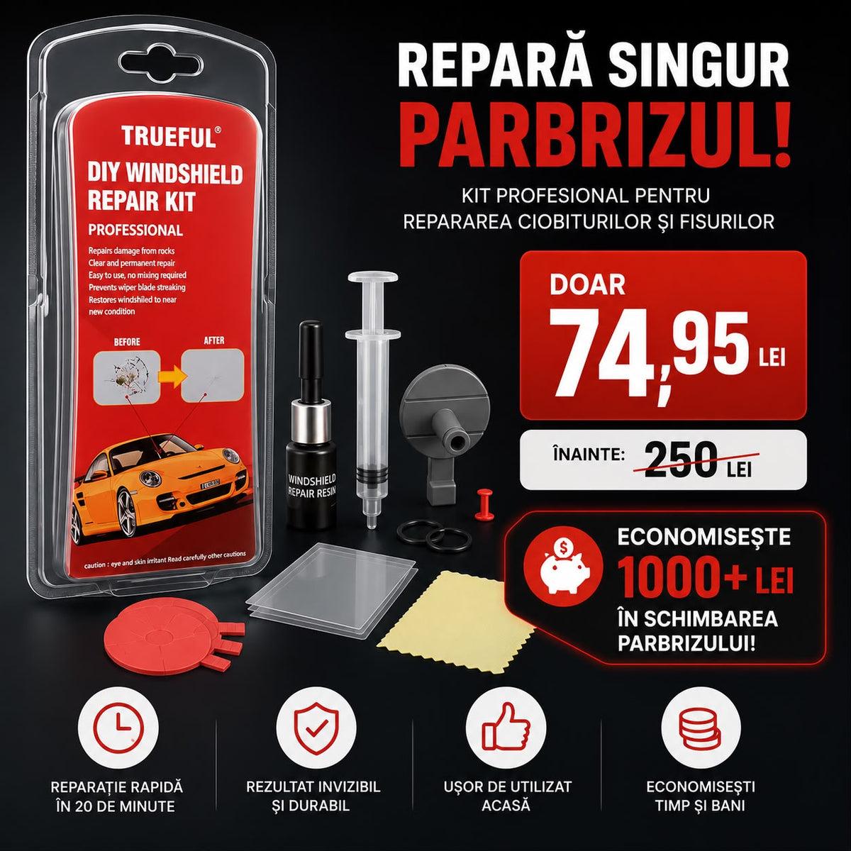 Kit Reparare Parbriz - Repara Rapid Ciobiturile Si Fisurile